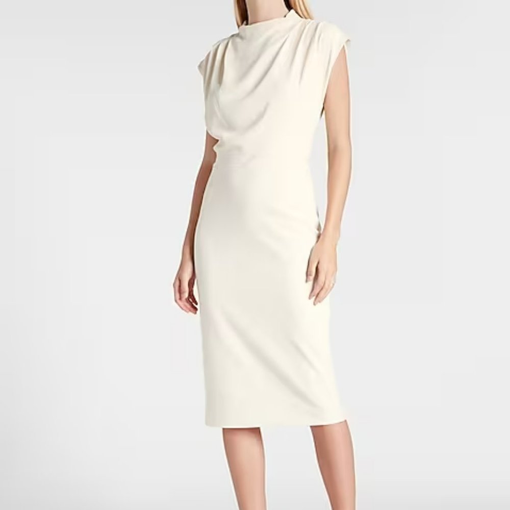 Ivory Draped Mock Neck Midi Sheath Dress